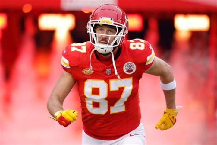 Travis Kelce #87 of the Kansas City Chiefs reacts after his team's 27-20 win against the Minnesota Vikings at U.S. Bank Stadium on October 08, 2023...
