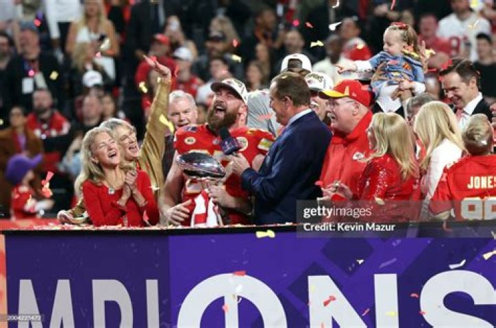 Travis Kelce speaks after defeating the San Francisco 49ers at the Super Bowl LVIII Pregame at Allegiant Stadium on February 11, 2024 in Las Vegas,...