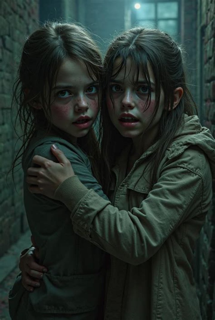 Two scared girls are peeking through the door of a red lit room.